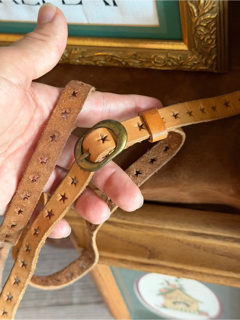 Leather Star-Studded belt brass buckle
